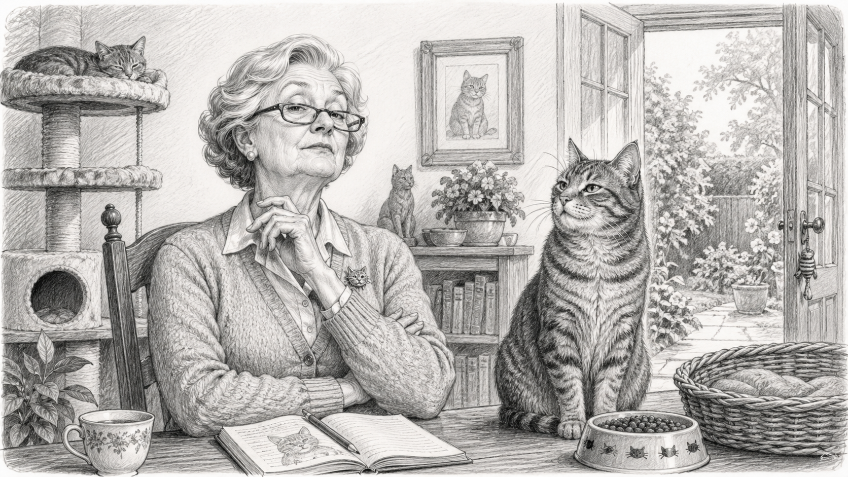 Eine ältere Dame sitzt mit ihrer Katze im Wohnzimmer.