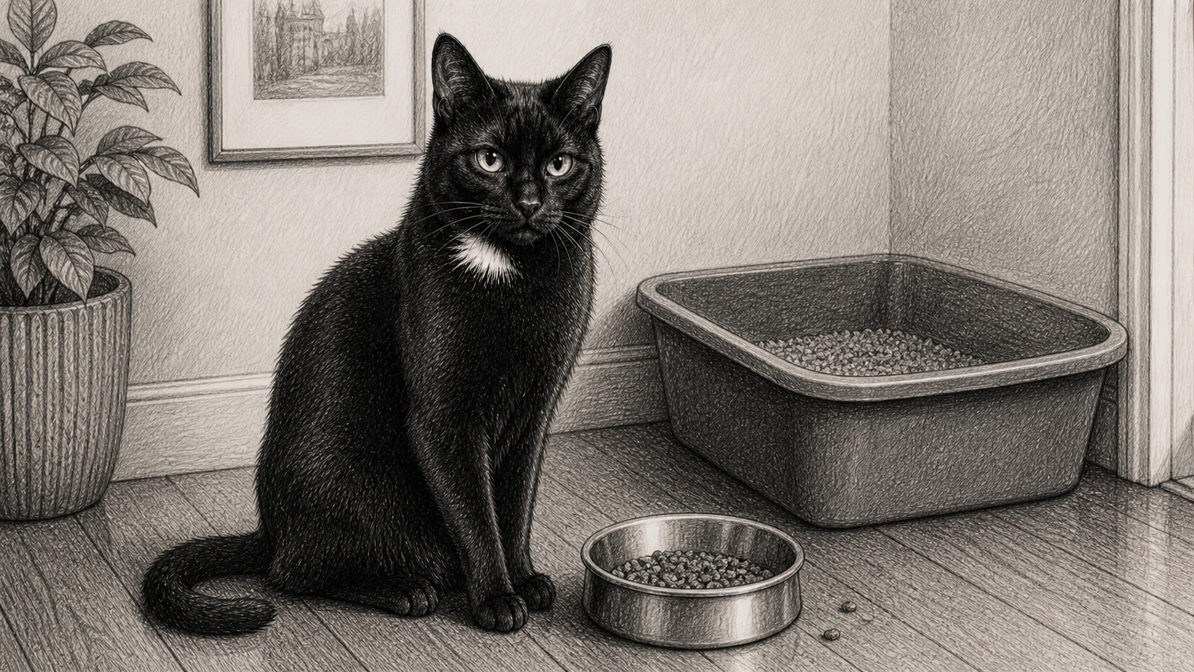 Cara mit dem Napf vor dem Katzenklo